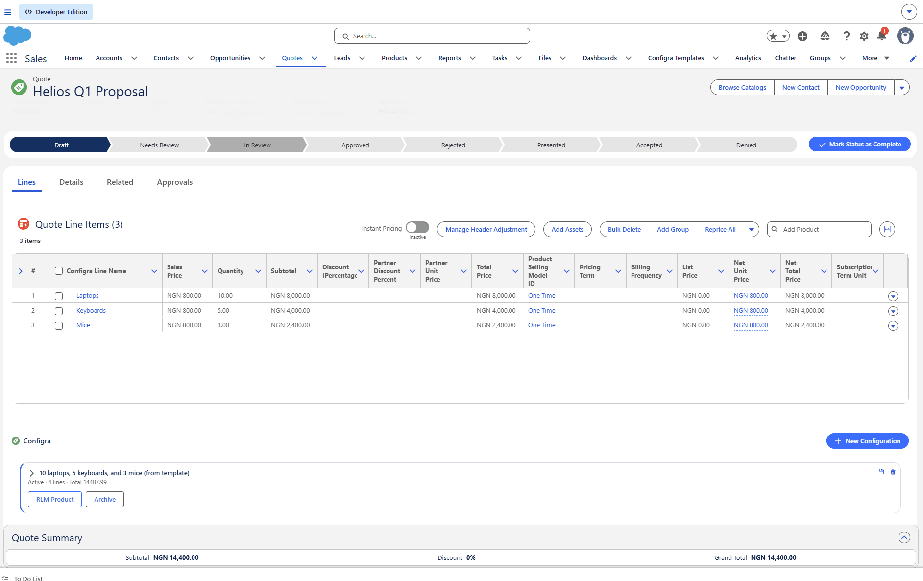 Configra panel integrated into a Salesforce RLM Quote page — three line items (Laptops, Keyboards, Mice) with a saved Configra template attached