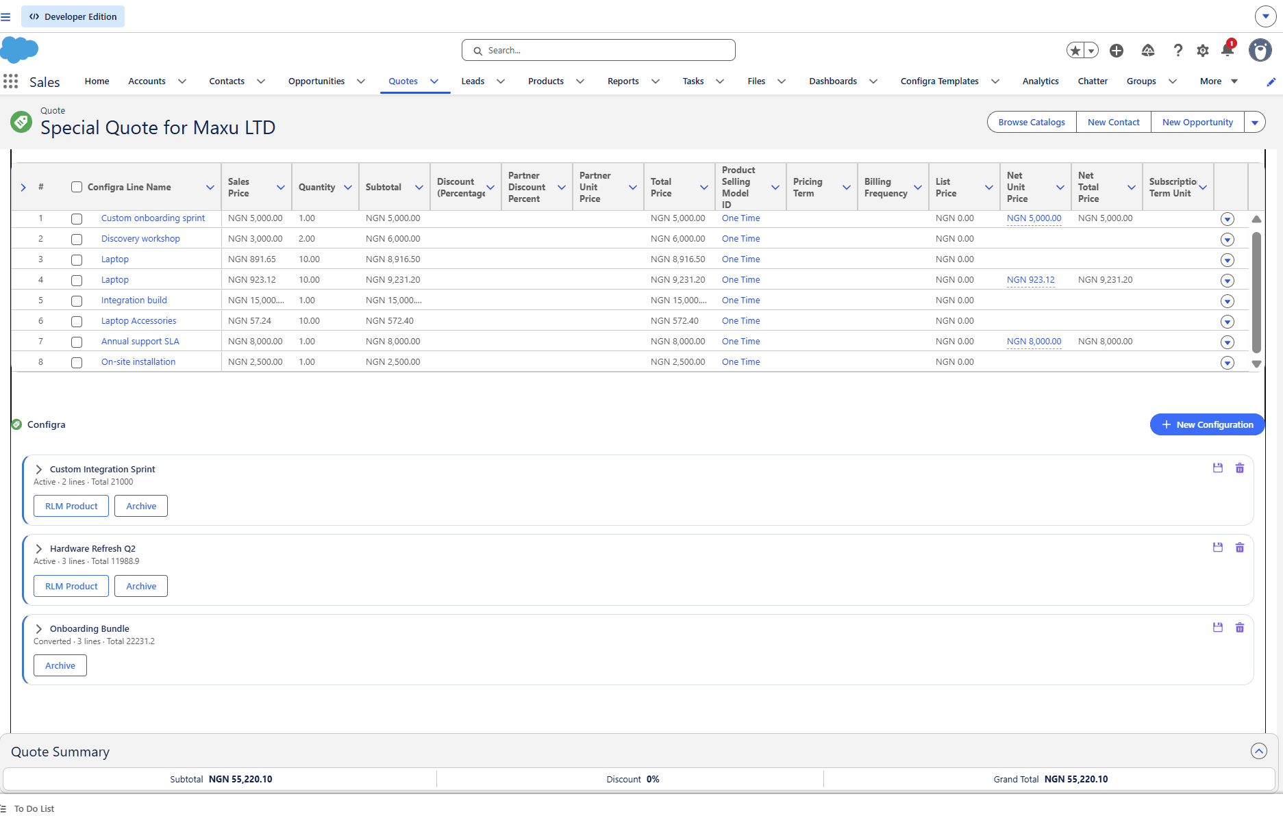 Configra panel integrated into a Salesforce RLM Quote page — three line items (Laptops, Keyboards, Mice) with a saved Configra template attached